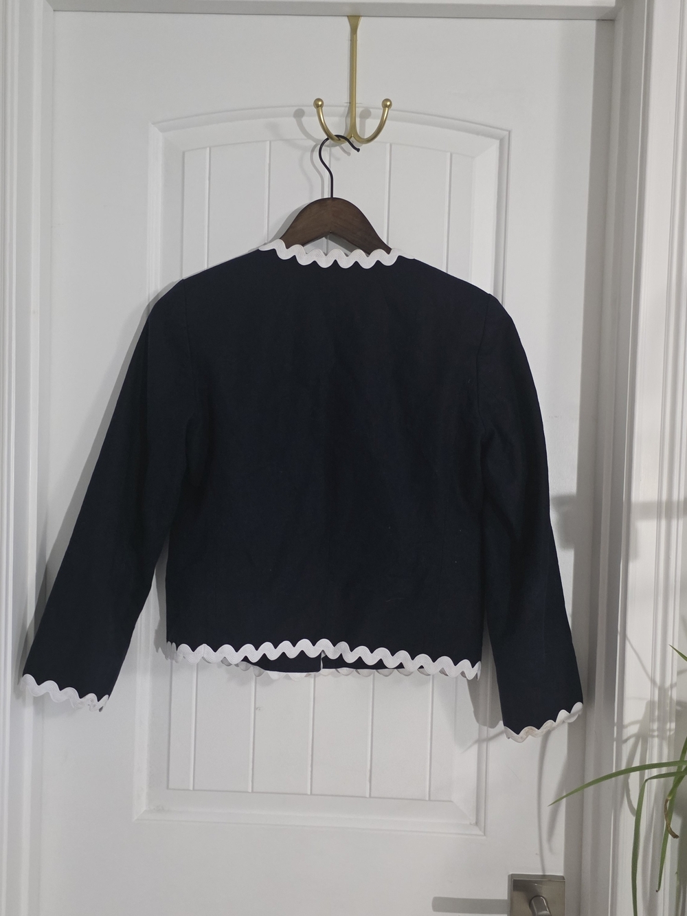 J.Crew Y2K Navy Linen Cotton Ric Rac Trim Lady Jacket Blazer Size 2 -18 inch ptp - Picture 11 of 11